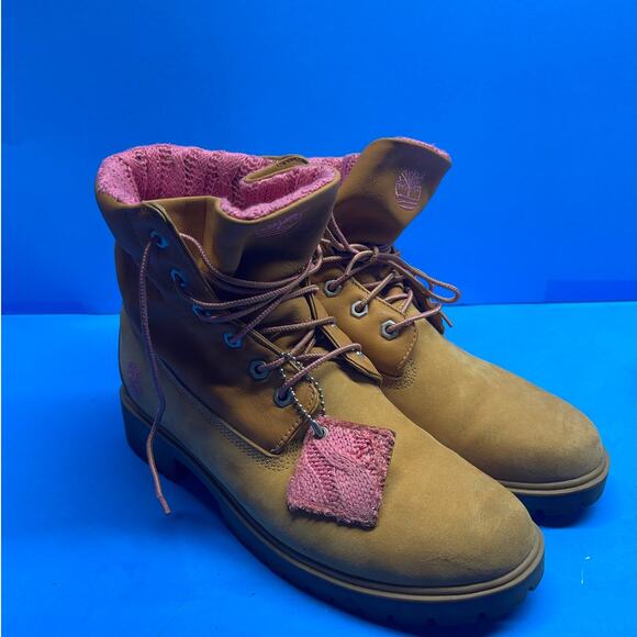 TIMBERLAND Women's sz 10 M Boots Shoes Tan Leather with Pink Lined Fold Over - Picture 10 of 10